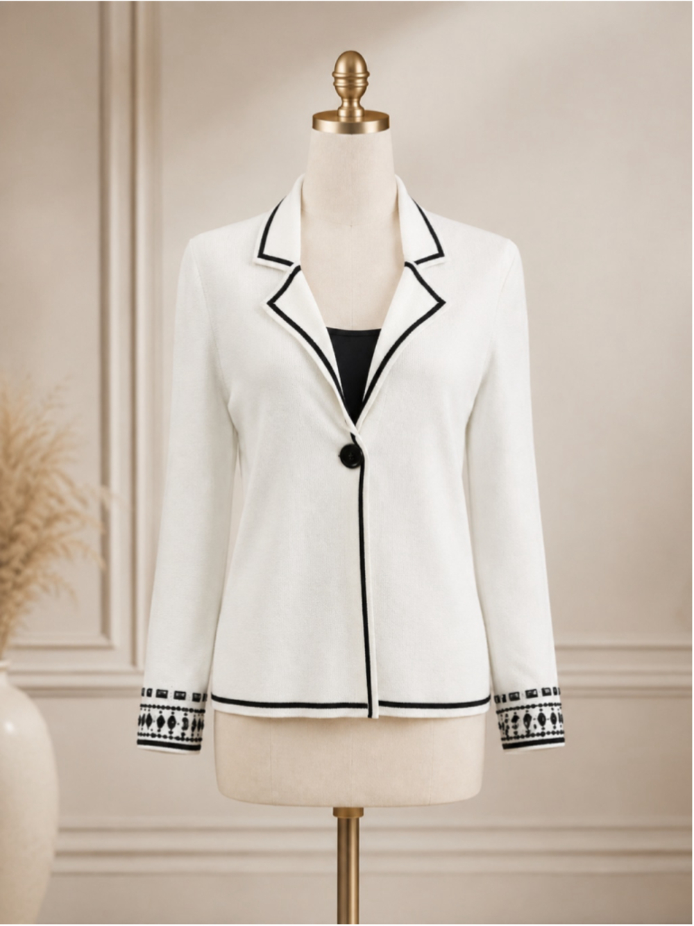 White & Black Rhinestone Cuff One-Button Knit Sweater Jacket - Picture 5 of 10